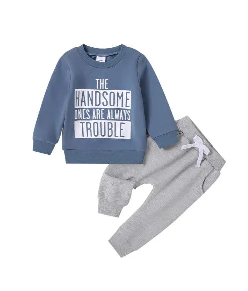 Baby knit cotton pullover sweater and trousers suit in navy blue for ages 0-3T