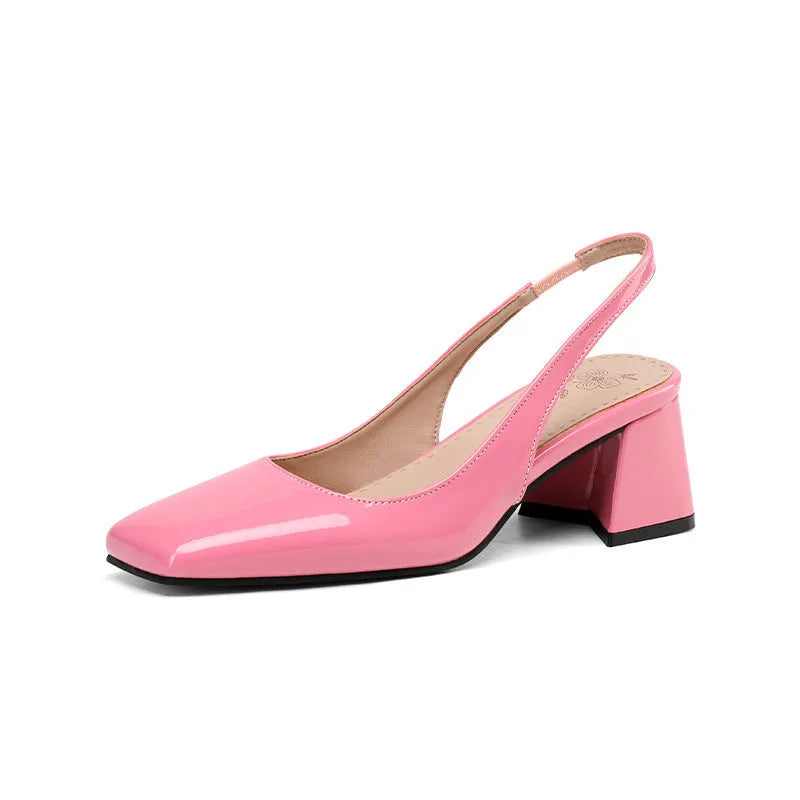 Women's square toe slip-on sandals with buckle in apricot, black, and pink, PU upper, rubber sole.