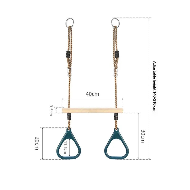 Children's horizontal bar with wooden ring swing in green, 57.5x169 cm, for indoor outdoor arm exercise