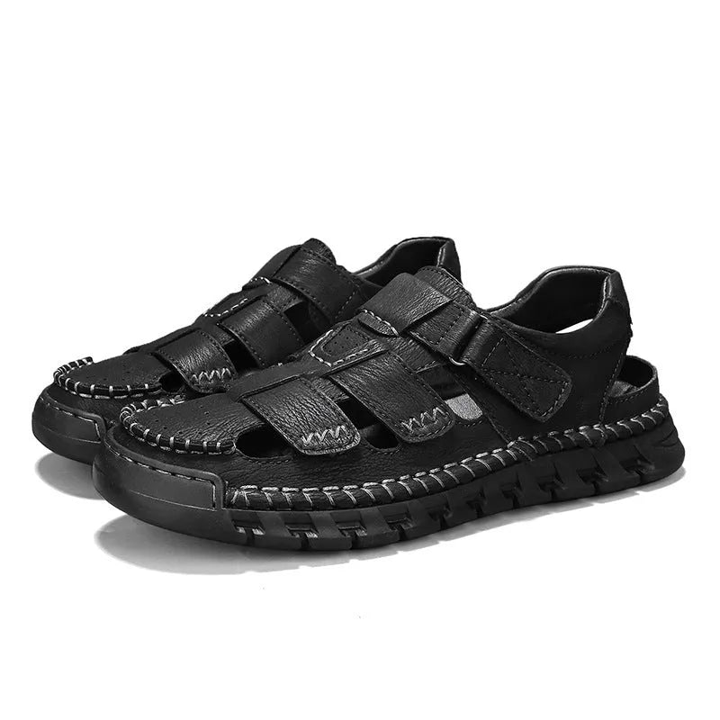 Men's brown PU leather non-slip sandals with round toe and EVA sole on a neutral background