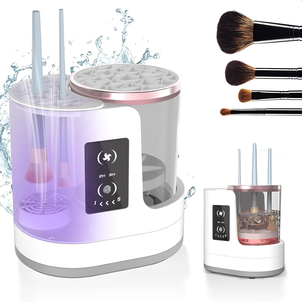 Electric makeup brush cleaning device with drying chamber showing brush placement and compact design