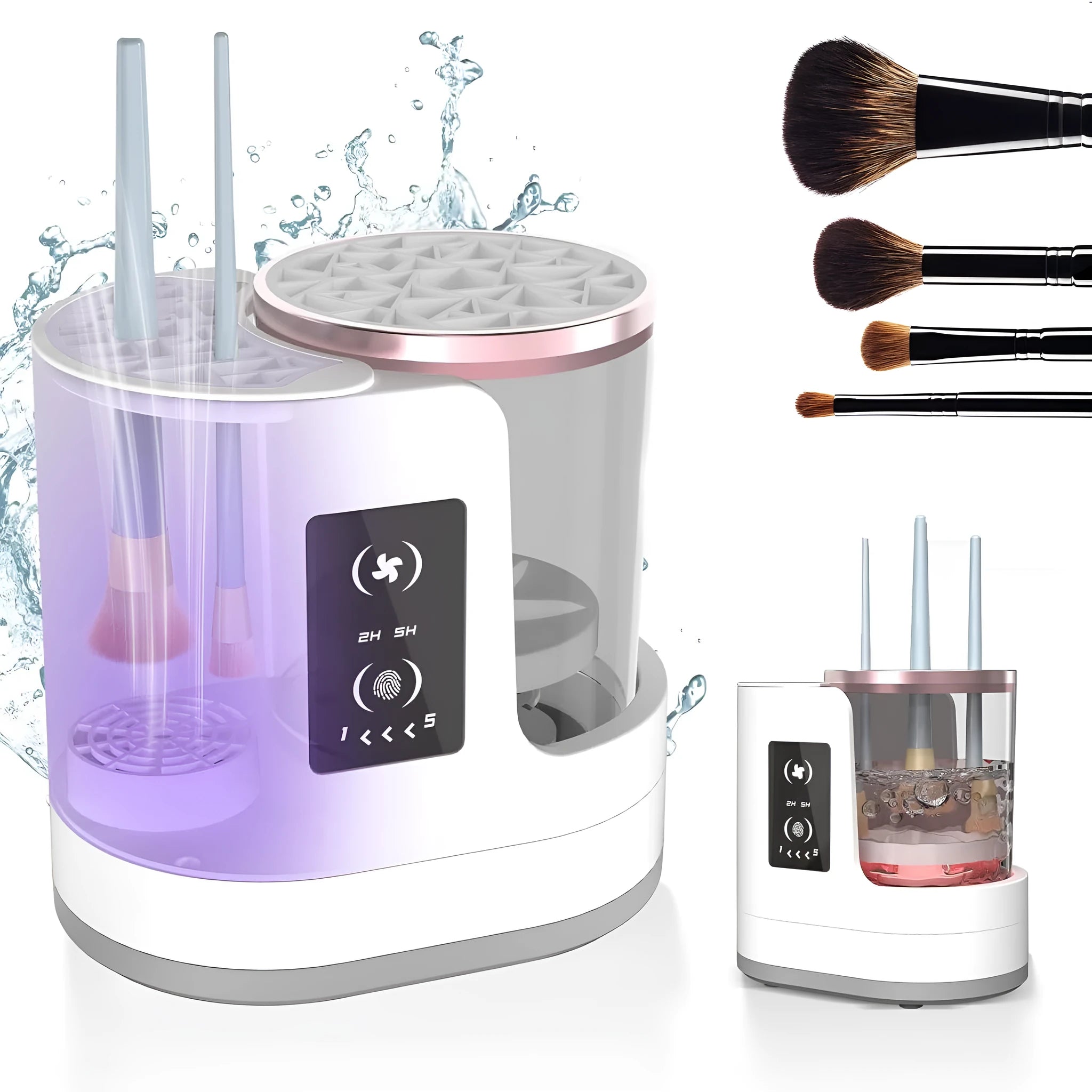 Electric makeup brush cleaning device with drying chamber showing brush placement and compact design