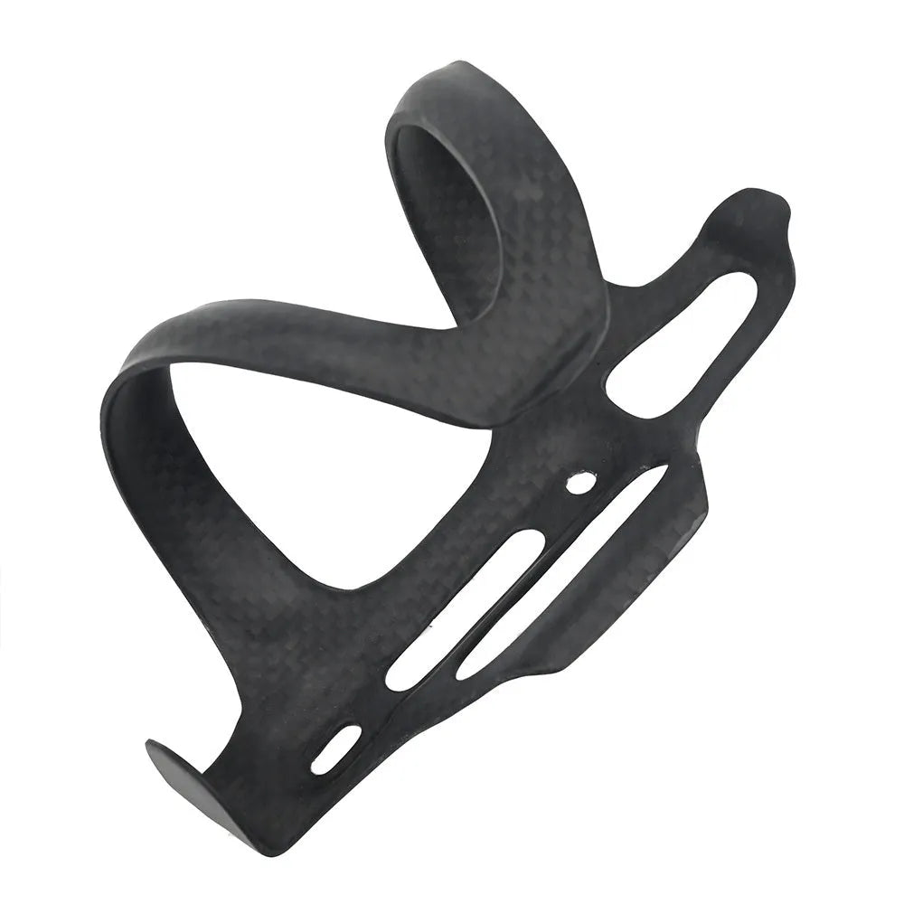 Black carbon fibre side-pull water bottle cage for bicycles, showing mounting holes and side-access design.