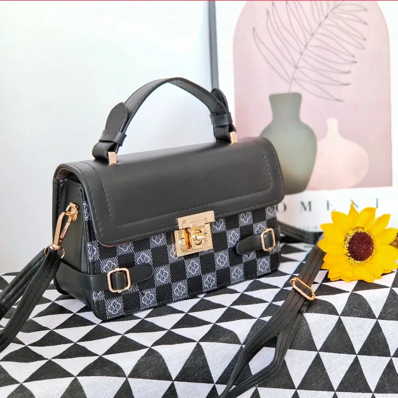 Retro square patterned women's crossbody bag in PU leather showing floral design.