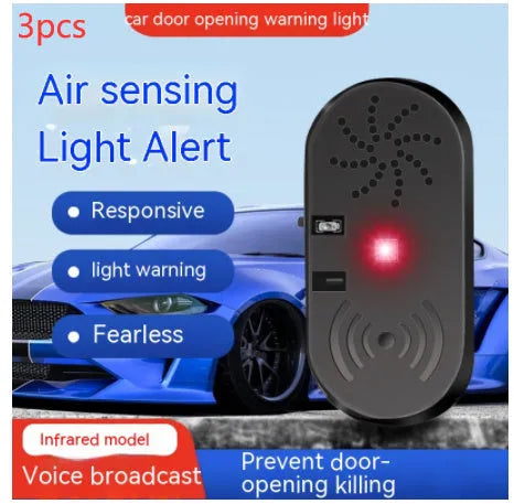 Black ABS plastic car door reminder alarm with infrared sensor and micro USB port.