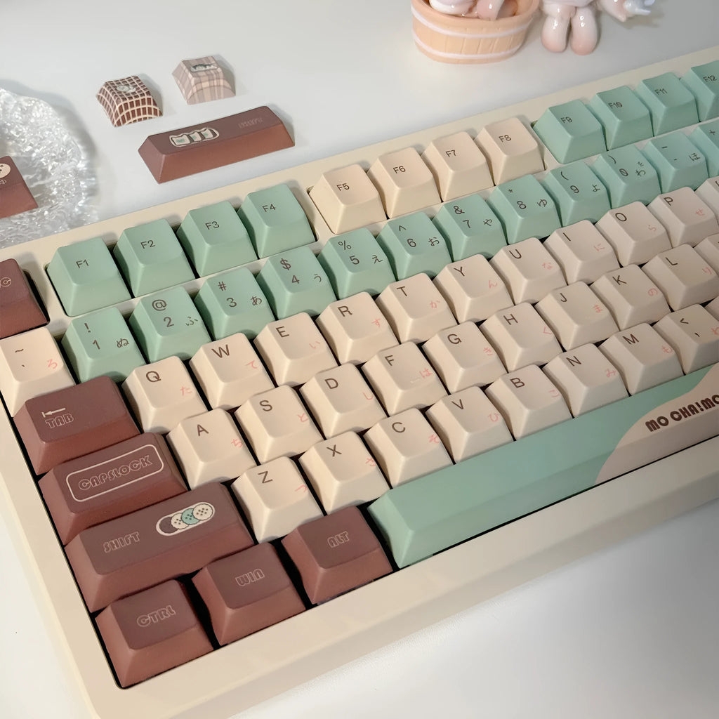 Matcha green ergonomic mechanical keyboard keycap set with five-sided sublimation printing.