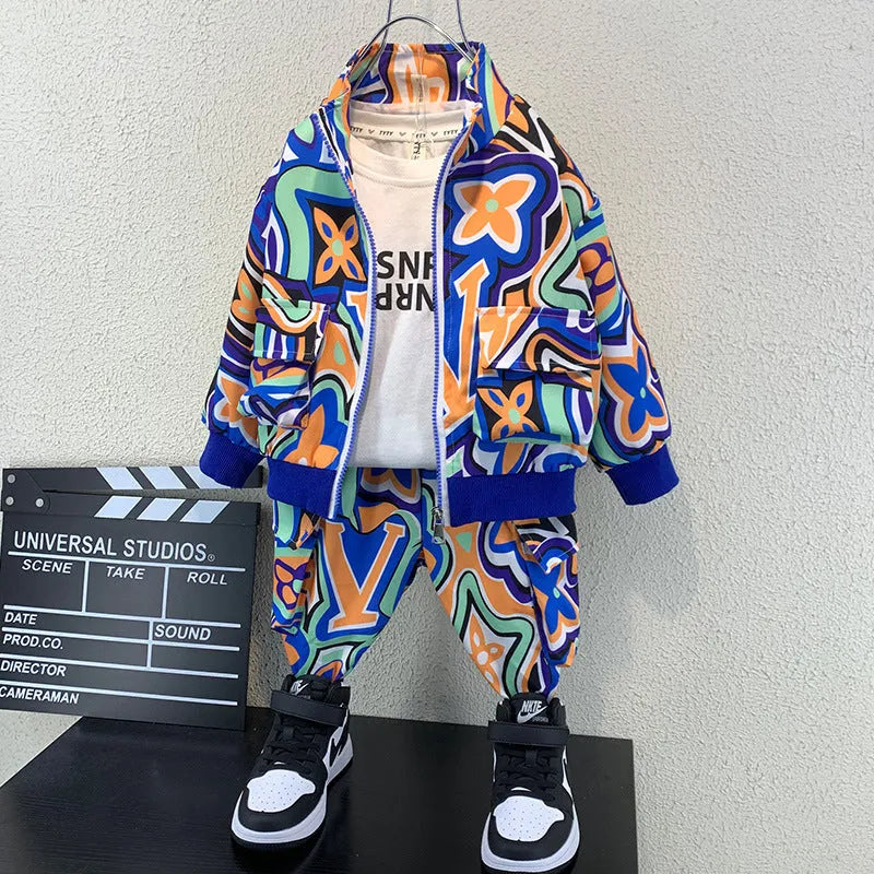 Spring children's two-piece set in blue with long-sleeve shirt and pants for boys