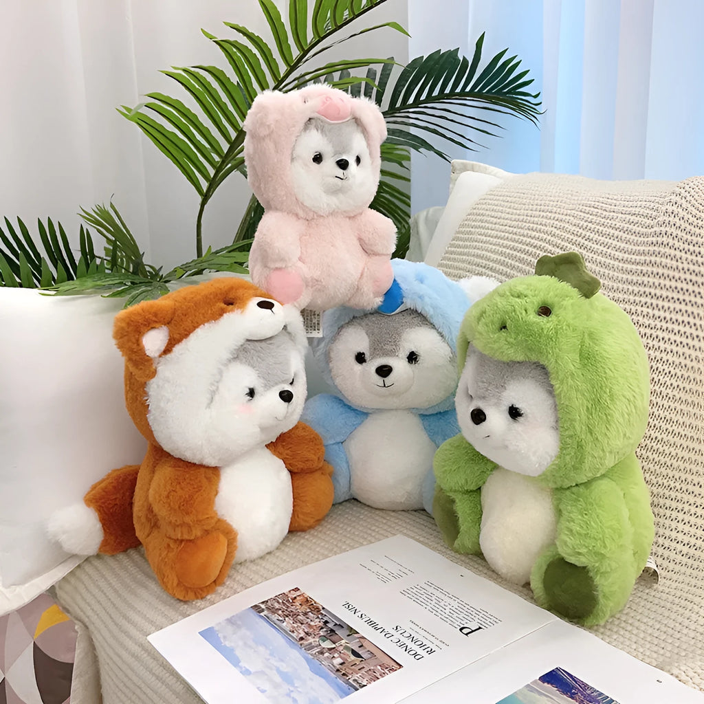 20cm shapeshift husky plush doll in four animal styles including dinosaur, fox, koala, and pink pig