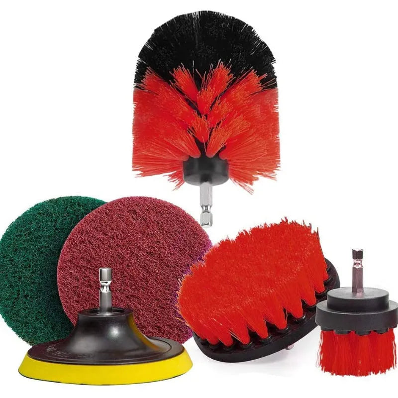 Three nylon drill brushes in different sizes for cleaning bathroom, tile and grout surfaces.