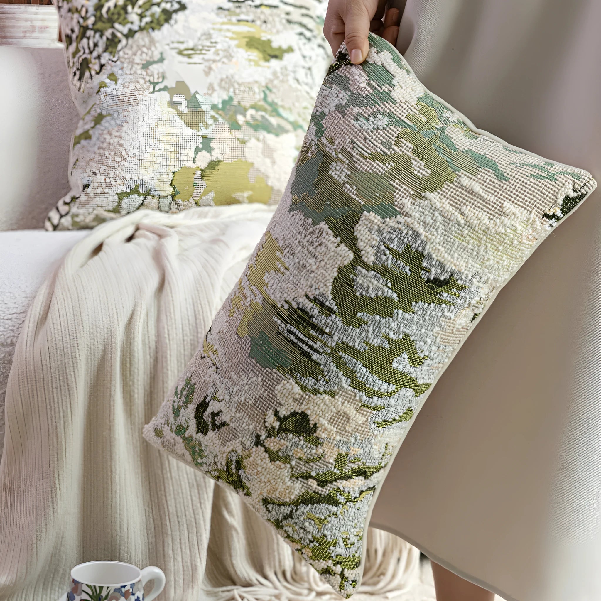 Antique green wool blend cushion with abstract spring flowers pattern in square and rectangular sizes.