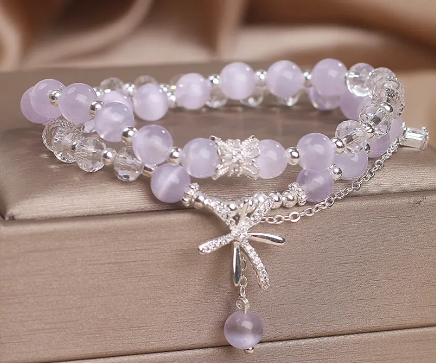 Light purple opal cat's eye crystal double ring bracelet for women with flower design