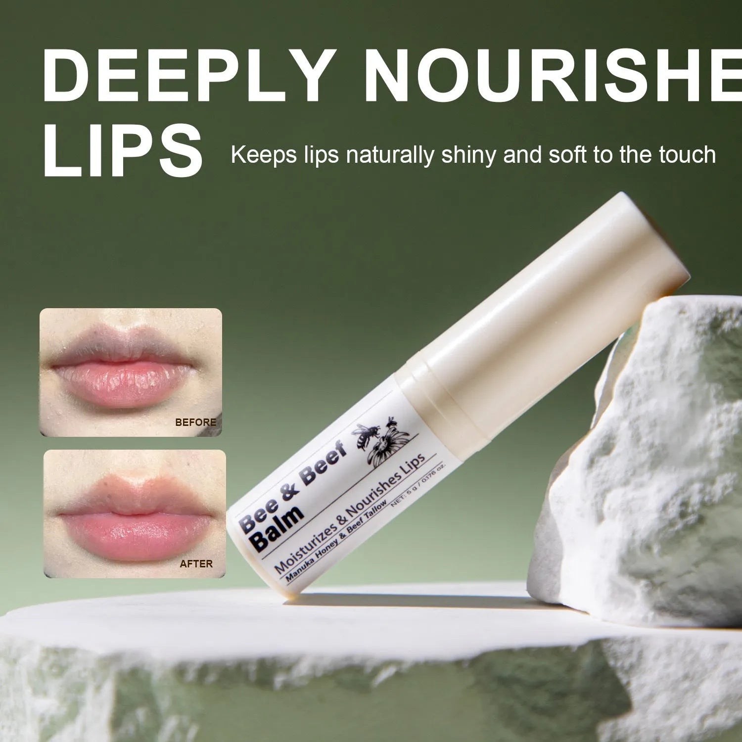 Organic beef fat lip balm stick measuring 83mm long with 5g content