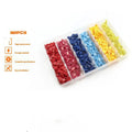 Quick connection box terminal set with PVC brass tinplate spade connectors in red, blue, and yellow, 2.5cm to 3.7cm lengths, 6.3mm spade width