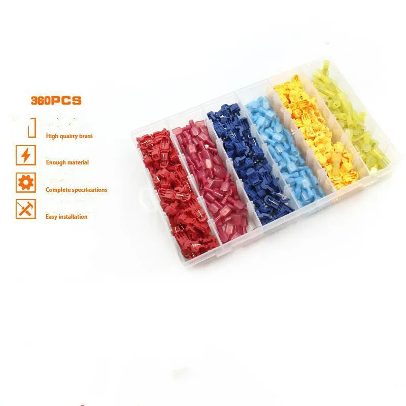 Quick connection box terminal set with PVC brass tinplate spade connectors in red, blue, and yellow, 2.5cm to 3.7cm lengths, 6.3mm spade width