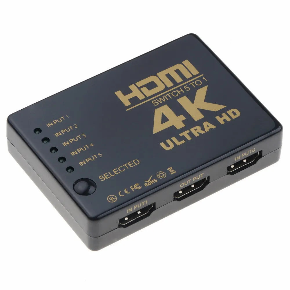 Black 5-in-1 HDMI switcher with remote control suitable for HDTV and high-definition devices
