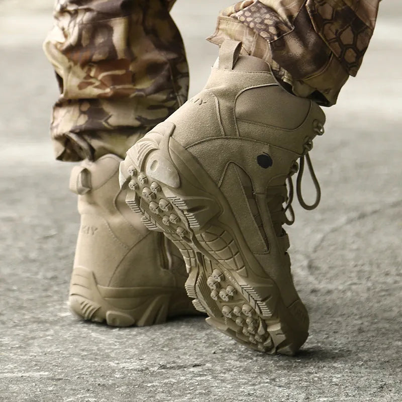 Brown outdoor tactical boots with non-slip sole and round toe for hiking and desert combat