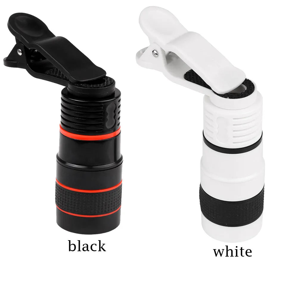 8x optical zoom telephoto lens attachment for mobile phones, shown in black, clip-on design