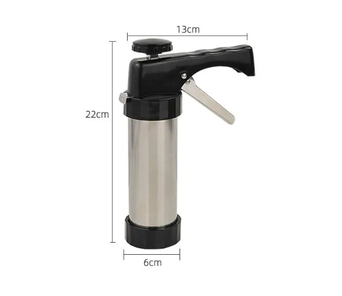 Stainless steel biscuit press cookie gun with assortment of metal cookie molds and piping nozzles
