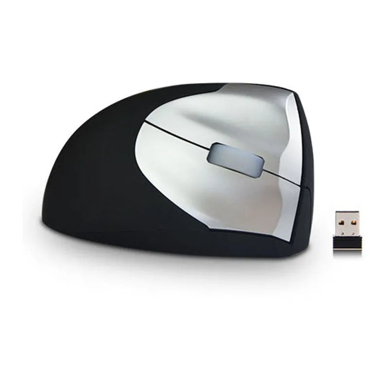 Black wireless vertical mouse with 2.4GHz USB connection, 1200dpi photoelectric sensor, three buttons, and full-size rat shape for desktop use.
