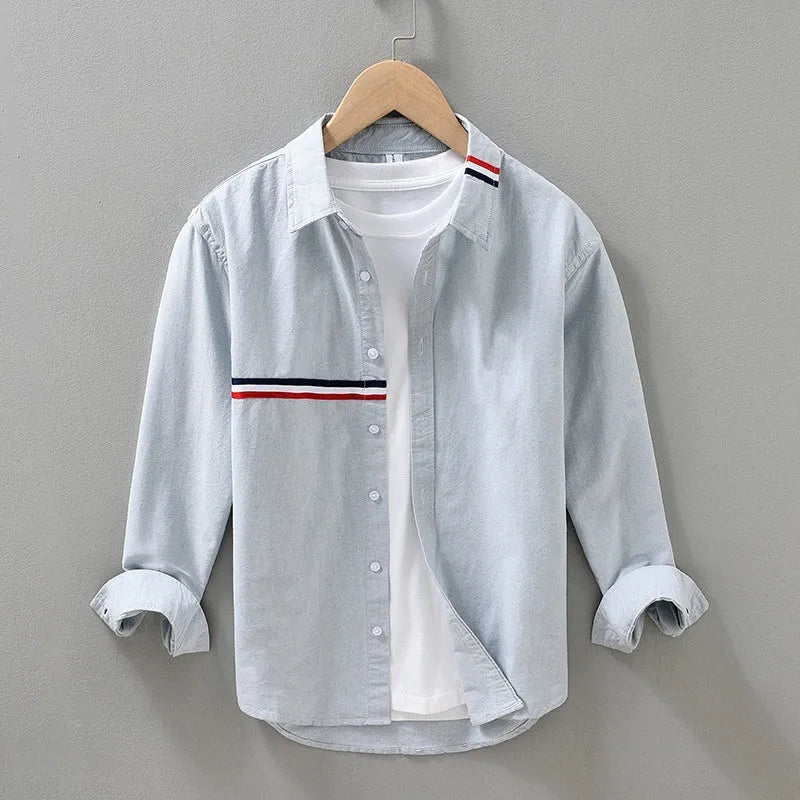 Hong Kong style loose fit cardigan shirt in cotton blend fabric with non-ironing technology