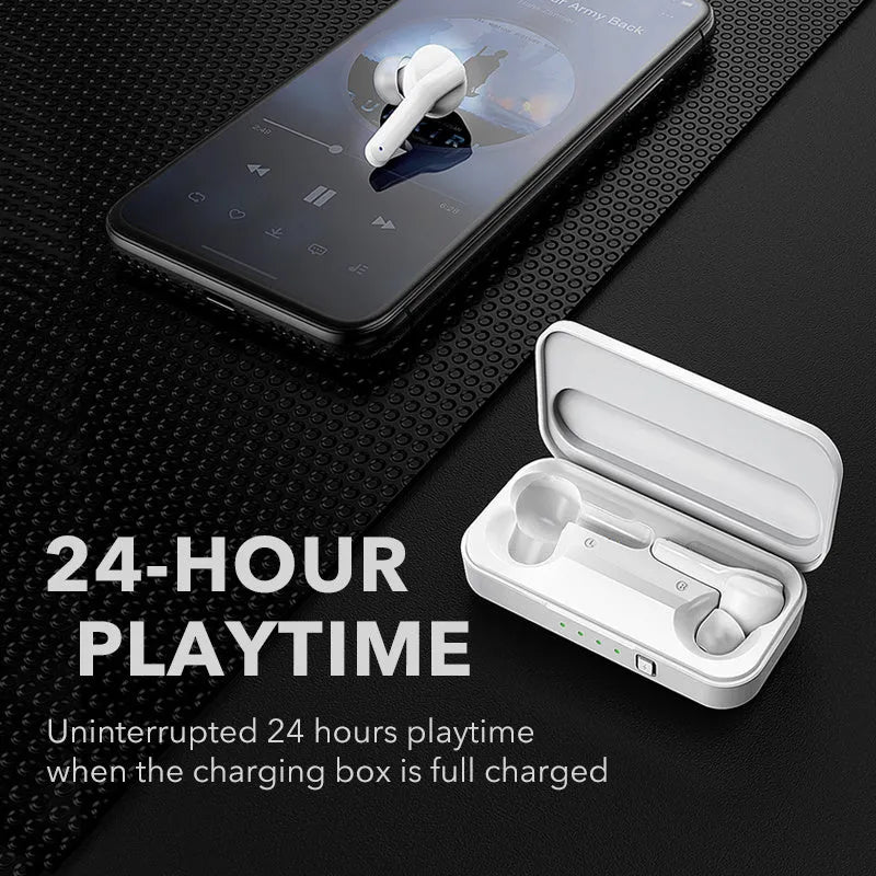 Black and white true wireless earbuds with charging case on a table, showing compact design.
