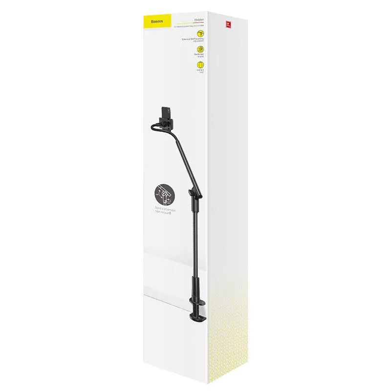 Lazy phone holder in black or white with aluminium alloy clamp 64-90mm and 90mm base clip for table or bed head
