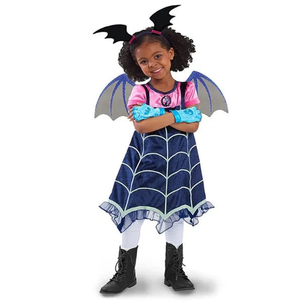 Blue cotton short sleeve princess dress for a young child, shown on a hanger.
