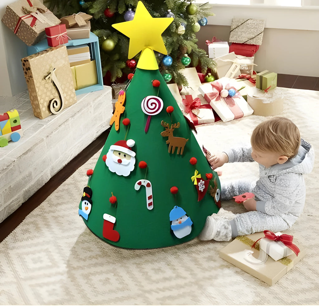 Felt Christmas tree three-dimensional pendant DIY craft kit with felt balls and cone tree shape, 50x60cm, on a white background.