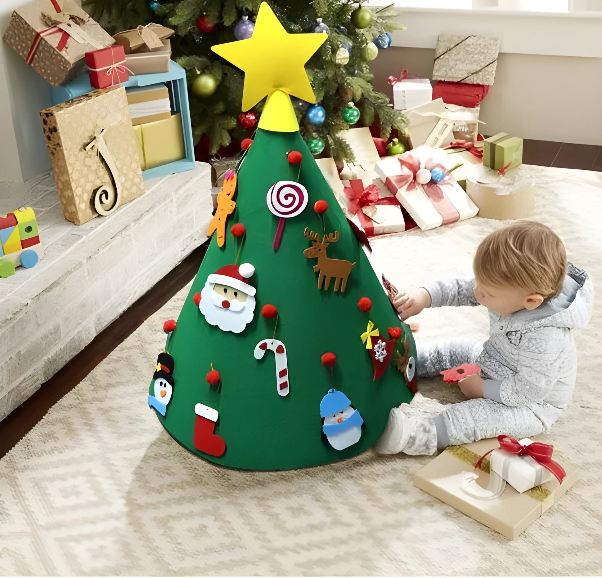 Felt Christmas tree three-dimensional pendant DIY craft kit with felt balls and cone tree shape, 50x60cm, on a white background.