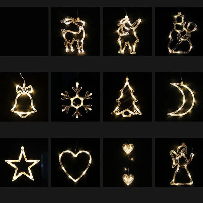 Battery powered LED decorative light with suction cups showing Santa Claus and snowman designs on a window.