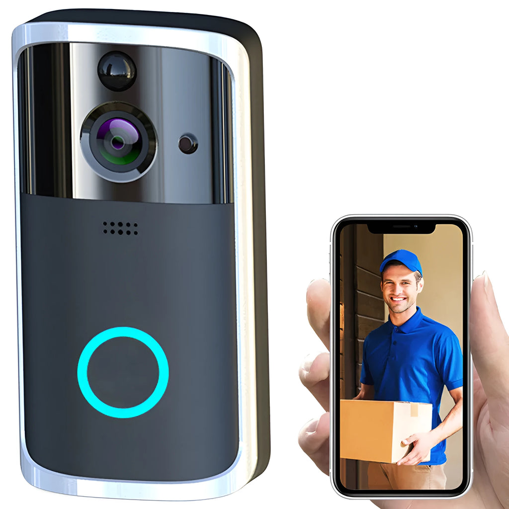 WiFi video doorbell camera in black, compact size, with night vision feature and two-way intercom