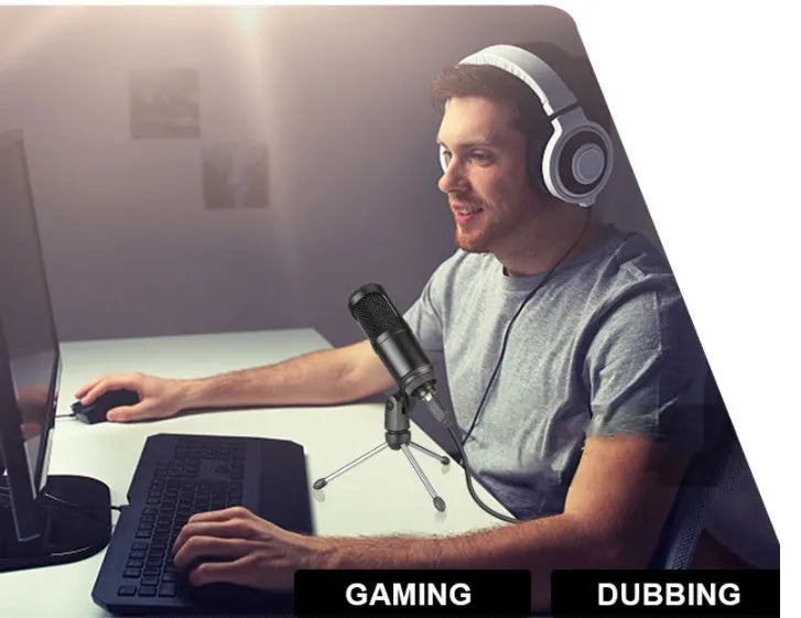 Black USB condenser microphone with integrated volume knob for laptop recording