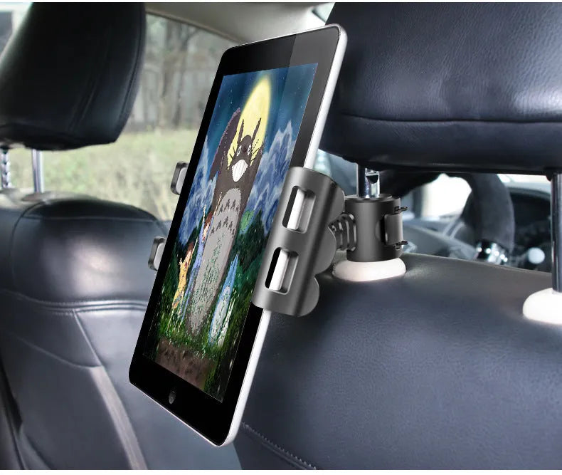 Black car headrest bracket holding tablet with 360-degree rotation mechanism