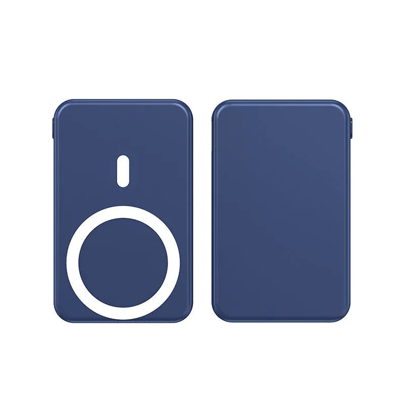 Ultra-thin portable power bank with wireless magnetic charging in white, black, or blue colour options