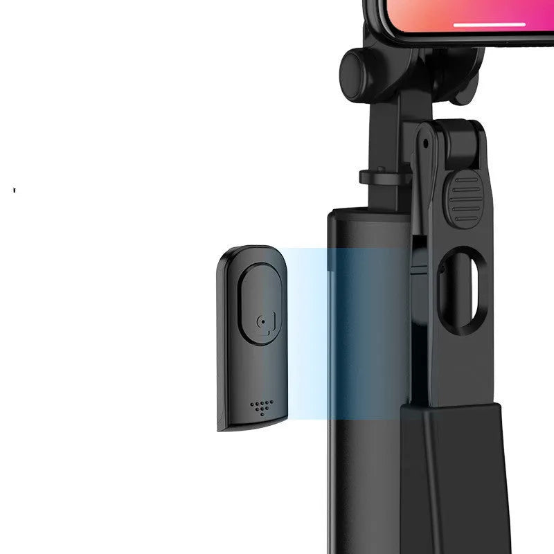 Black aluminium alloy Bluetooth selfie stick tripod extended to show its length, with a mobile phone attached.