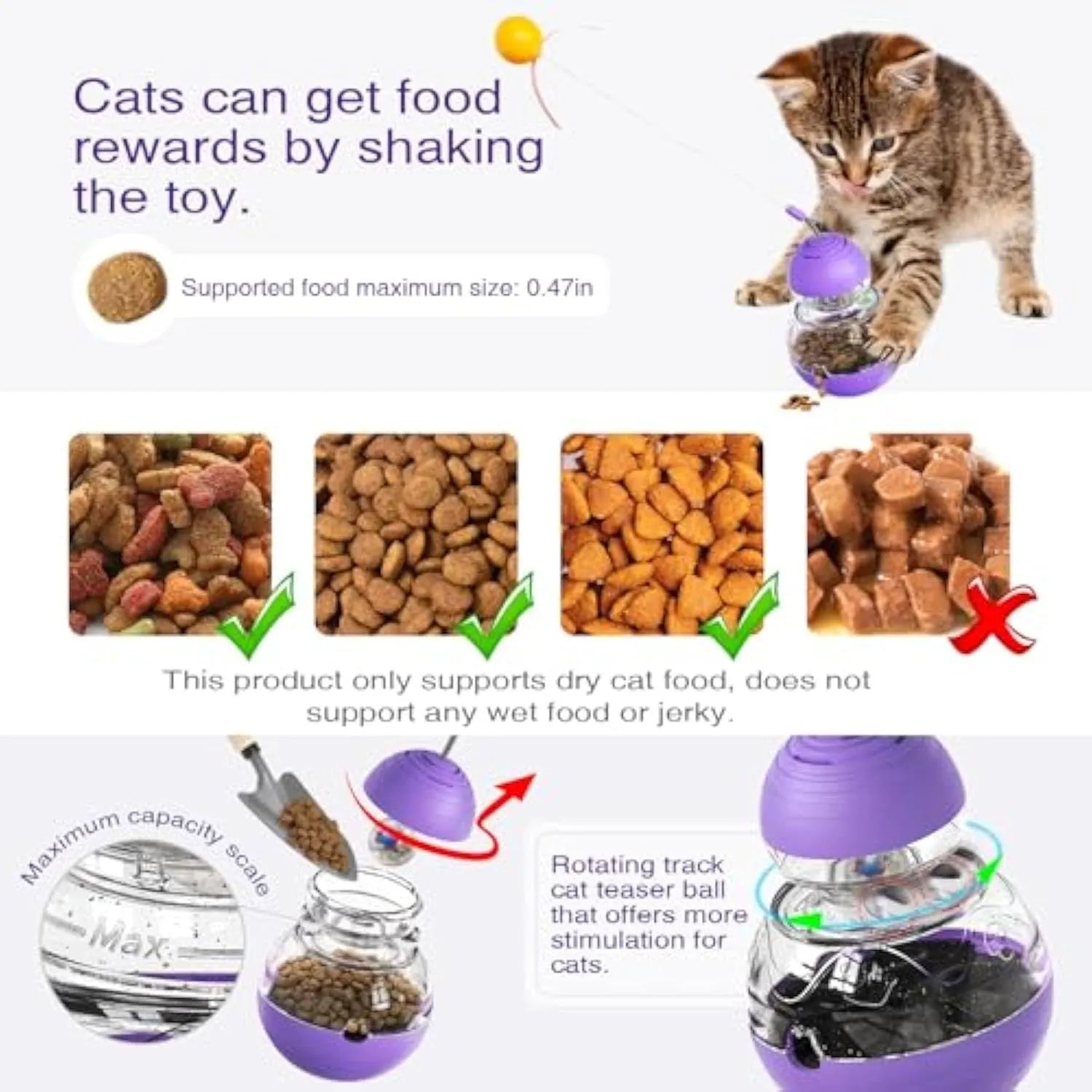 Interactive cat wand toy with slow feeder, showing bouncing ball on elastic stick and colourful rugby barbell design on yellow base.