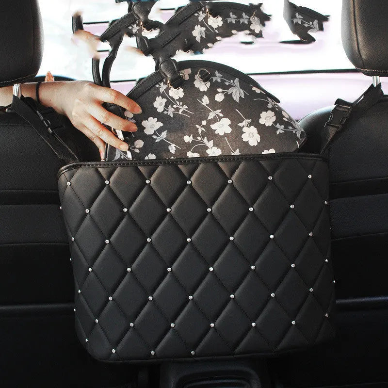 Rhinestone car storage bag in Star colour, PU leather between-seat organiser, sizes 18x10x21cm and 38x28x12cm