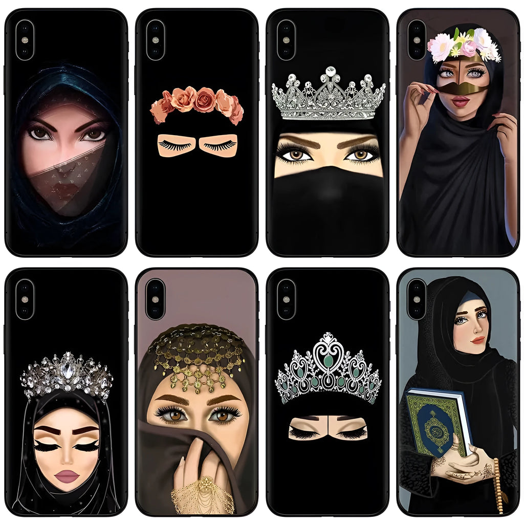 Islamic hijab veil girl design iPhone case with rhinestone floral decoration in various colours