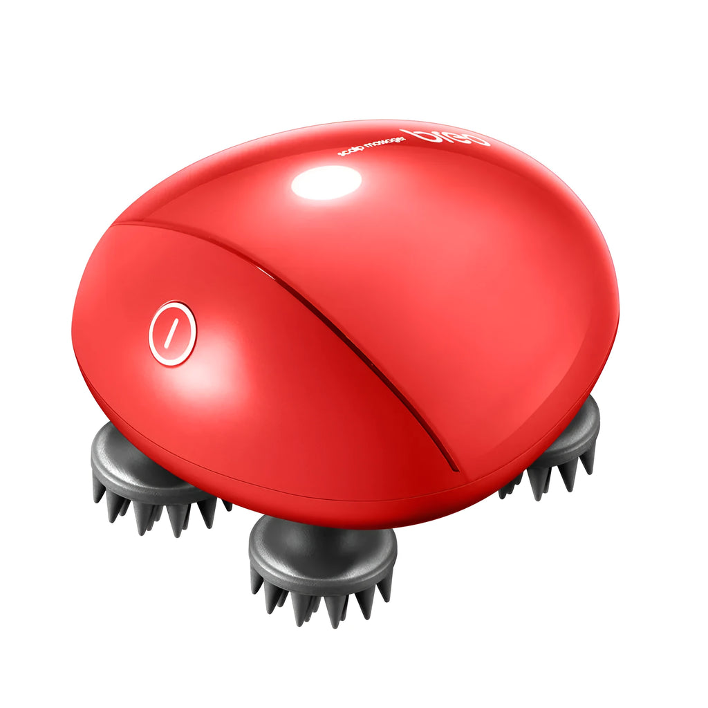 Red handheld electric scalp massager with soft silicone bristles showing 110mm x 120mm x 82mm dimensions