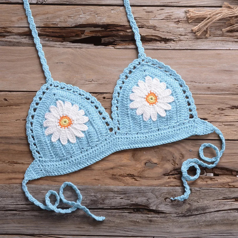 Two-piece bikini set in cotton blended fabric with acrylic, available in black, white, khaki, blue, light blue, orange, red, and yellow