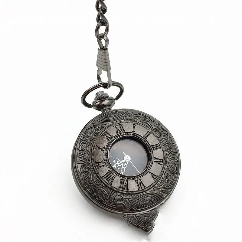 Classic Roman double display pocket watch with round alloy case, pointer and number dial, and chain