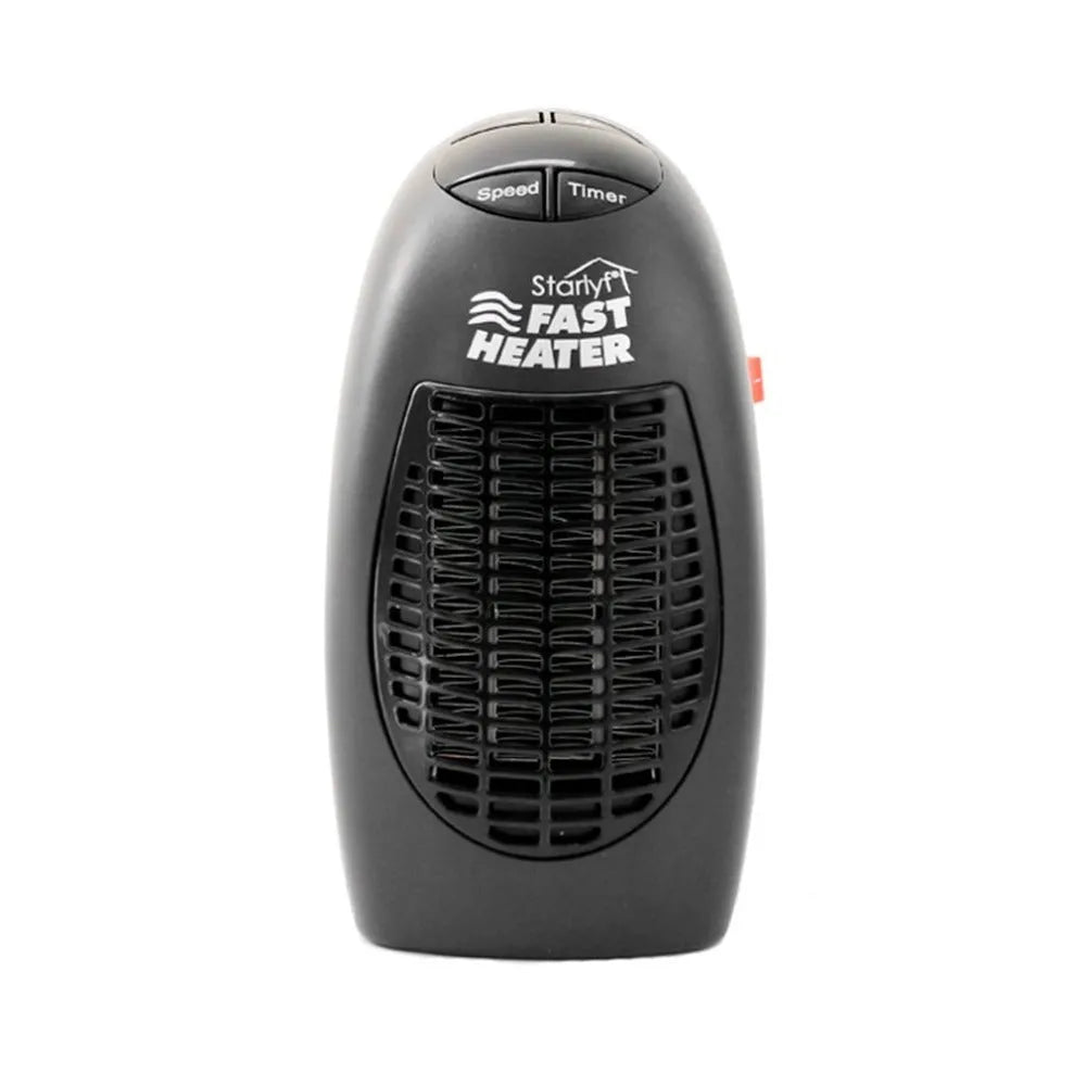 Black mini electric heater with digital display and a rotating three-prong plug on a desk.