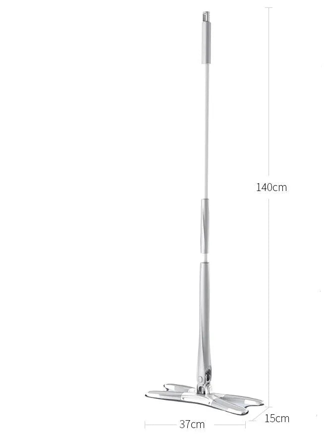 White hand-free flat mop with ABS head and metal pedal next to plastic basket