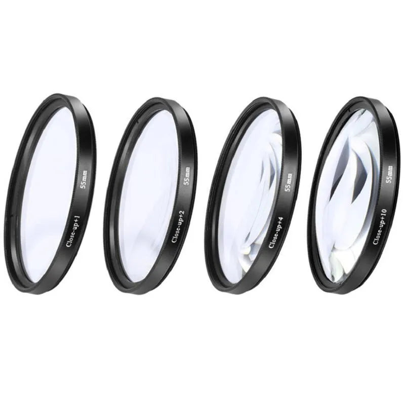 Close-up lenses four-piece set for SLR cameras with nylon bag, various sizes 40.5mm to 82mm