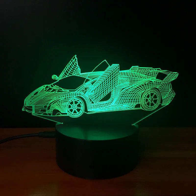 Lamborghini 3D LED night light with USB cable showing black finish from front angle