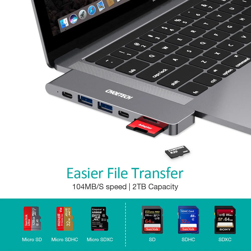 Aluminium USB C hub adapter with SD card reader, HDMI, Thunderbolt 3 and USB 3.0 ports