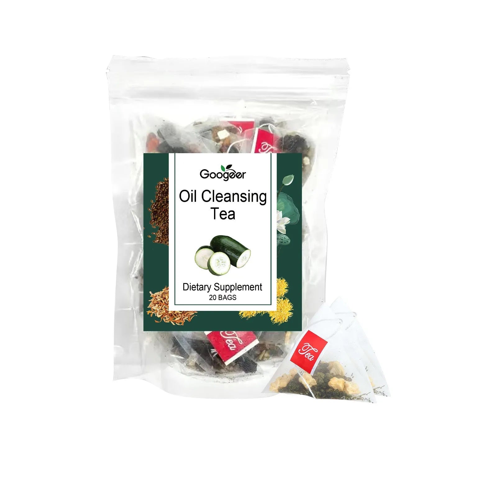 Box of Googeer oil cleansing herbal tea body treatment showing 20 individual tea bags