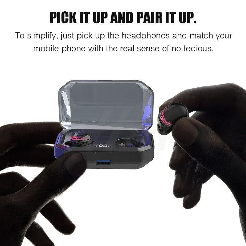 Black Bluetooth headset with charging case showing compact size.