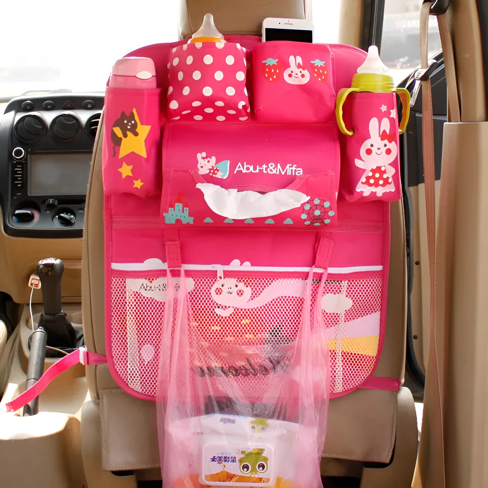 Set of six cartoon car storage bags in assorted styles A1, A2, A3, A4, A5, A6 for seat back organisation