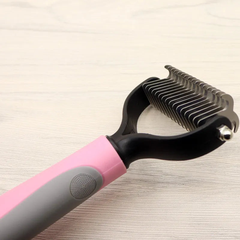 Pet long-haired dog knot comb double-sided blade dematting tool with stainless steel needles ABS TPR handle blue and pink colour options